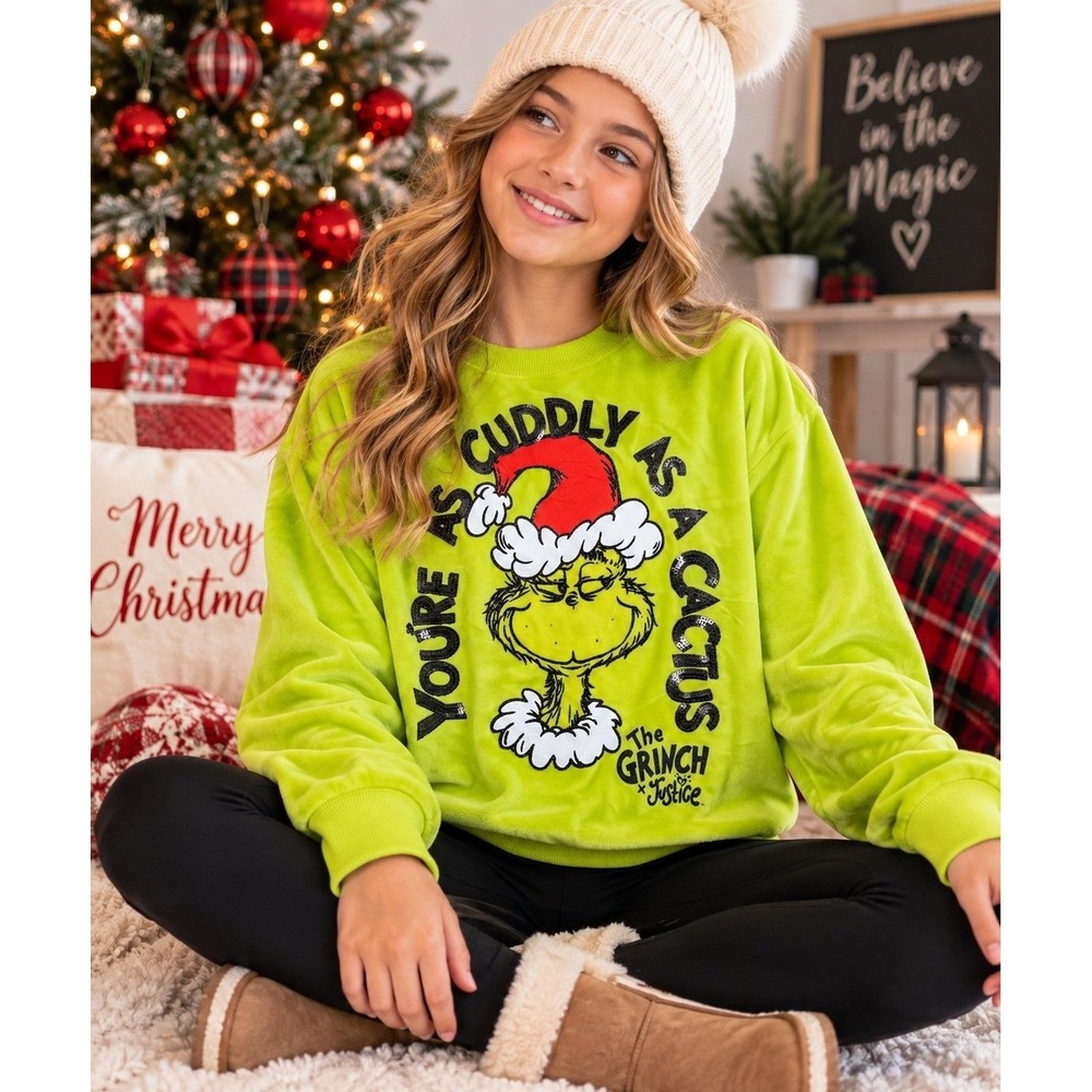 The Grinch x Justice Girls L 12/14 Green Velour Christmas Sequin Sweatshirt